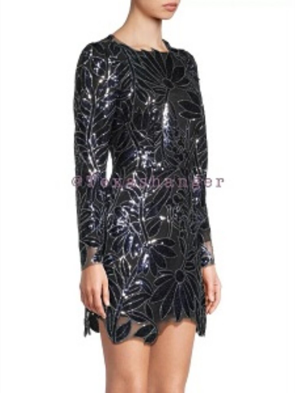 NWT Womens Milly Scottie Floral Sequins Navy Blue, Silver Long Sleeve Dress XS